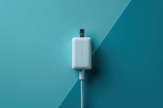 A sleek white USB adapter rests on a vibrant teal background, showcasing modern design in a minimalist setting photo