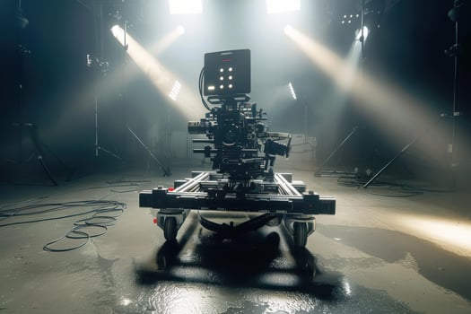 A cinematic camera rig ready for action in a dimly lit studio, illuminated by soft beams of light photo