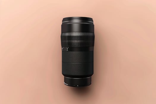 A sleek camera lens positioned on a soft pink surface, showcasing its intricate design and texture during a studio shoot photo