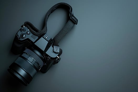 A sleek camera rests on a dark surface, ready for creative exploration capturing the world at any moment photo