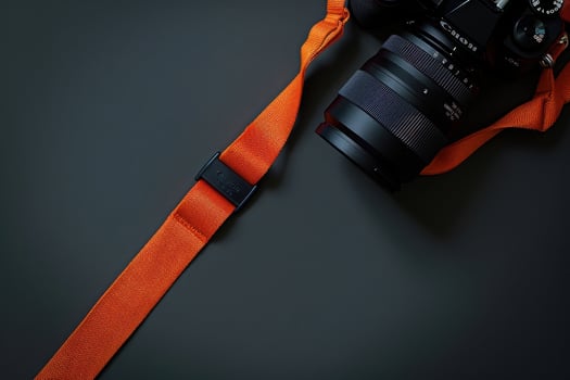 A vibrant orange camera strap rests beside an elegant black camera on a dark surface, capturing a moment of creative potential photo