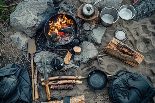 A cozy campfire experience with cooking tools and natures tranquility by a rocky campsite during sunset photo