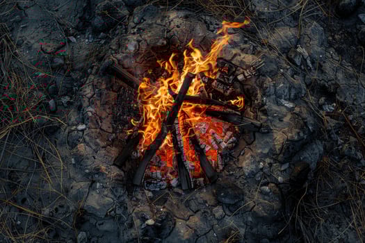 Dancing flames illuminate the night in a rustic campsite surrounded by nature photo