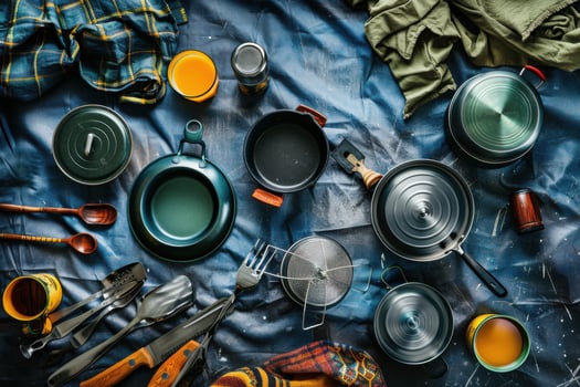 Colorful cooking setup with various pots, utensils, and fabric on a blue backdrop photo
