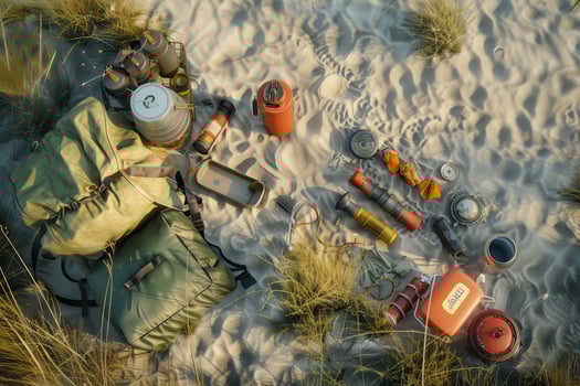 Exploring the sandy dunes with outdoor gear at sunrise photo