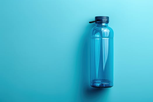 A lone blue water bottle rests against a vibrant aqua background, capturing a moment of simplicity and hydration photo