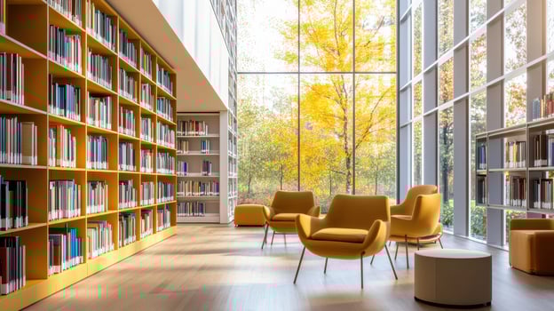 A modern library interior with bookshelves and autumn scenery outside. photo