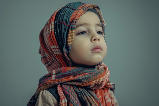 Young girl wearing a patterned headscarf looking up photo