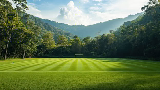 A serene football field surrounded by lush mountains and trees under a clear blue sky photo