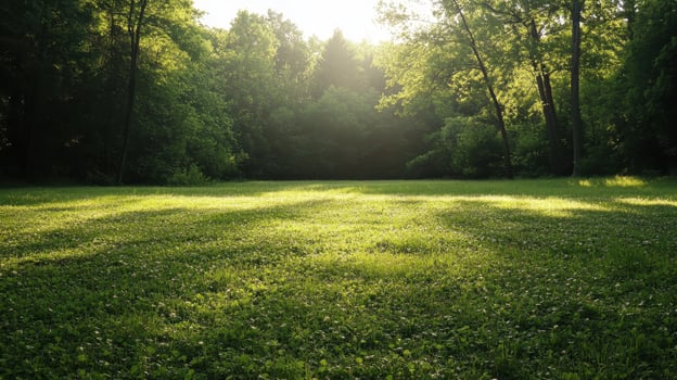 A serene green landscape with sunlight filtering through trees photo