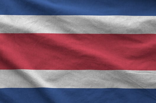 Costa Rica flag depicted on folded wavy fabric of old cloth photo