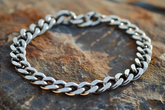 Close up view of a silver chain anklet resting on a textured surface. photo