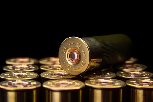 Shotgun shells on a black. Ammunition for 12 gauge smoothbore weapons. Hunting ammunition. Dark back. photo