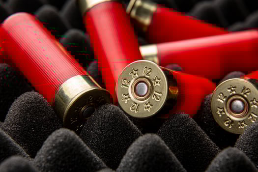 Shotgun shells on foam rubber. Ammunition for 12 gauge smoothbore weapons. Hunting ammunition. Dark back. photo