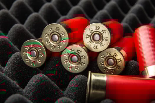 Shotgun shells on foam rubber. Ammunition for 12 gauge smoothbore weapons. Hunting ammunition. Dark back. photo