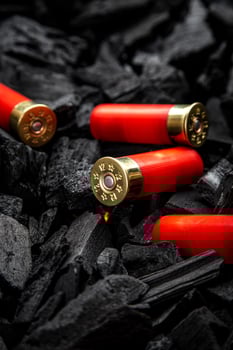 Shotgun cartridges on charcoal. Ammunition for 12 gauge smoothbore weapons. Hunting ammunition. Dark back. photo