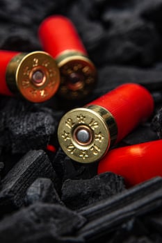 Shotgun cartridges on charcoal. Ammunition for 12 gauge smoothbore weapons. Hunting ammunition. Dark back. photo