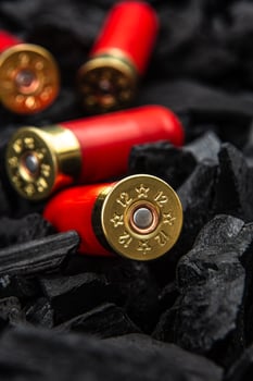 Shotgun cartridges on charcoal. Ammunition for 12 gauge smoothbore weapons. Hunting ammunition. Dark back. photo