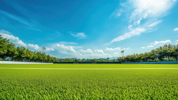 A vibrant sports field under a clear blue sky with lush green grass and distant trees photo
