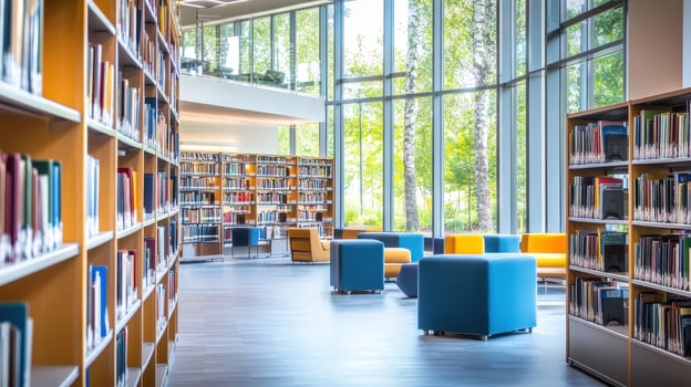 Modern library interior with bookshelves and seating areas, filled with natural light photo