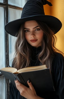 A stunning witch in black attire, holding a magical book, yellow background photo