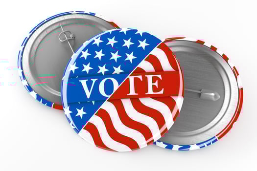 American red, white, and blue Vote pin. Voting button for US presidential election or local elections. 3d render. photo