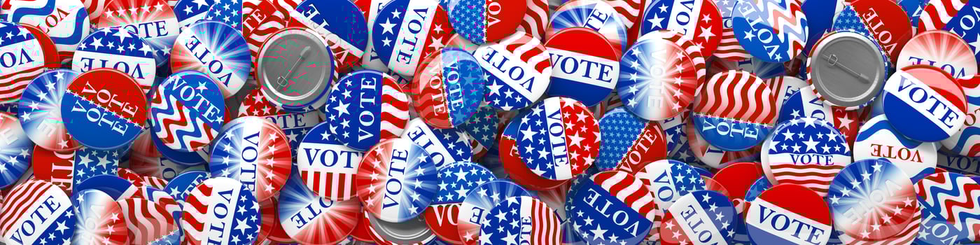 Pile of American red, white, and blue Vote pins. Collection of voting buttons for US presidential election or local elections. 3d render. photo