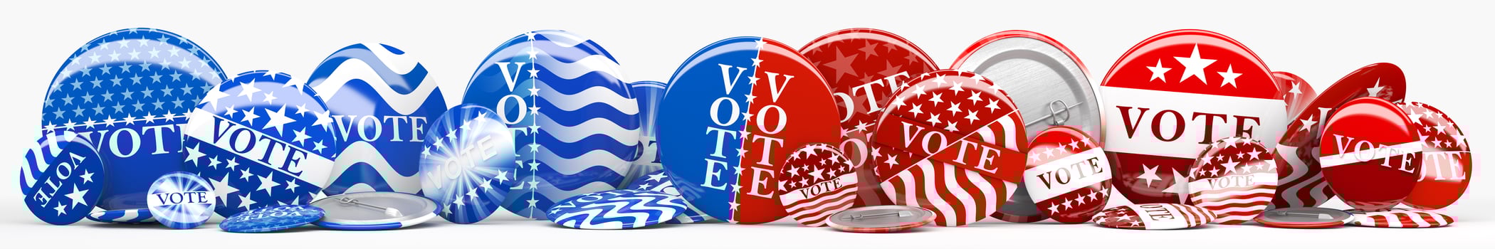 Panorama of various American red, white, and blue Vote pin. Collection of voting buttons for US presidential election or local elections. 3d render. photo