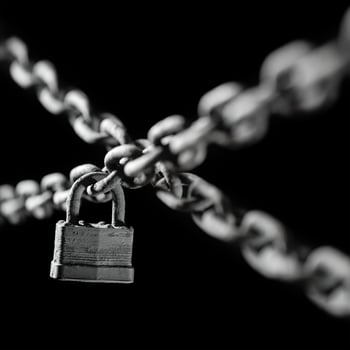 Worn rusted chain and pad lock on black background. Conceptual strength, protection, or security system. Shallow DOF. photo