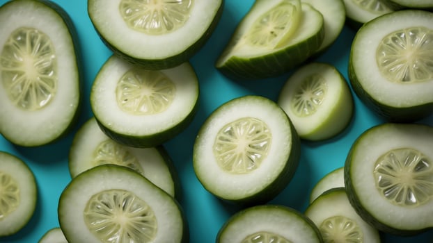 Cucumber slices on a turquoise background. photo