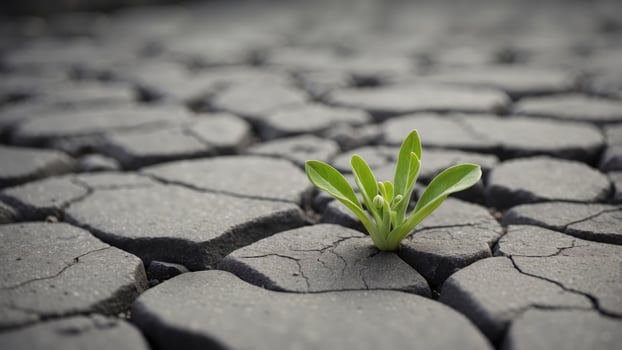 Tiny Green Sprout Emerging from Cracked Concrete Signifying Nature's Resilience and Triumph. photo