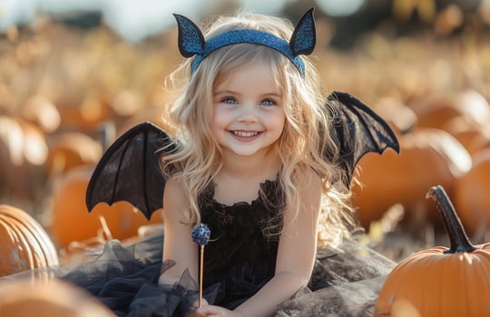 A joyful blonde girl dressed as a dark queen sits among pumpkins holding a wand photo
