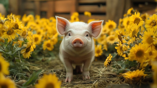 Cute little pig in a field of sunflowers on a farm photo