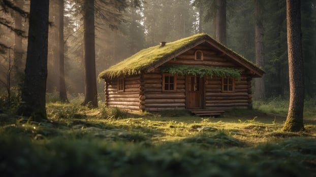Exploring the hidden log cabin in the forest glade. photo