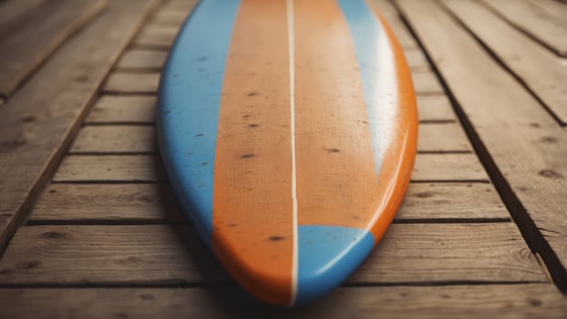 Vintage surfboard with blue and orange stripes on wooden floor. photo
