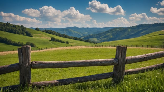 A rustic wooden fence stands in a lush green field, with rolling hills and a blue sky in the background. photo