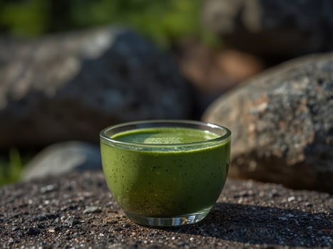 Close-up of a cup of matcha tea on a rock. photo