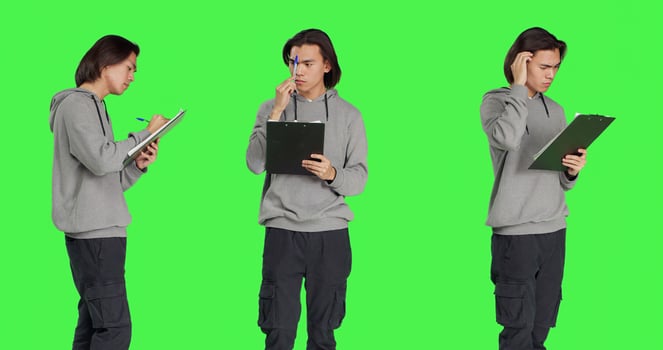 Young man taking notes and thinking about ideas to write on clipboard papers, using files for inspiration in studio. Adult being thoughtful and in doubt, writing information on camera. photo