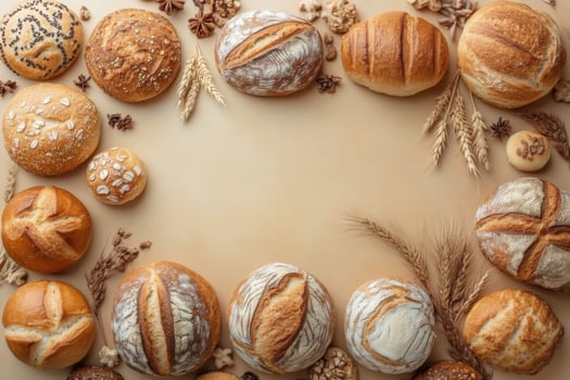 Assorted Artisan Breads and Wheat Ears on Beige Background - Freshly Baked Rustic Loaves Display photo