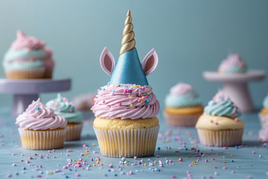 Colorful Unicorn-Themed Cupcakes with Sprinkles on a Light Blue Background photo