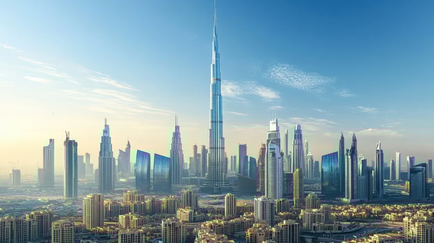 A panoramic view of a modern city skyline featuring tall skyscrapers and a clear sky photo