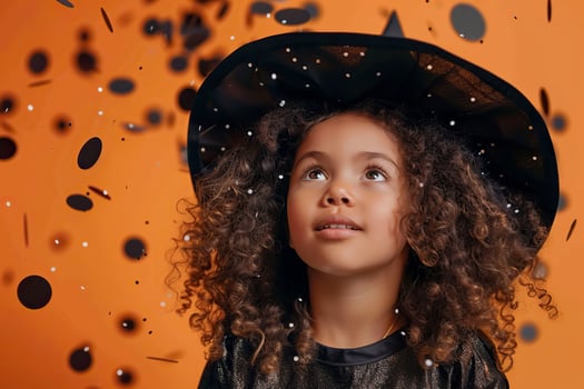 Girl in witch costume on orange background with confetti. photo