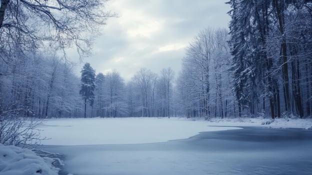 A serene winter landscape with snow-covered trees and a frozen lake under a cloudy sky photo