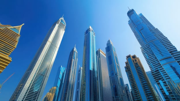 A skyline view of modern skyscrapers against a clear blue sky photo