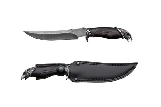Damascus steel hunting knife. Decorative handle made of wood and metal in the form of an eagle's head. Leather case. Isolate on a white back. photo