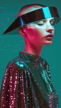 Mesmerizing Futuristic Fashion Portrait of Glamorous Woman in Vibrant Makeup and Headpiece photo