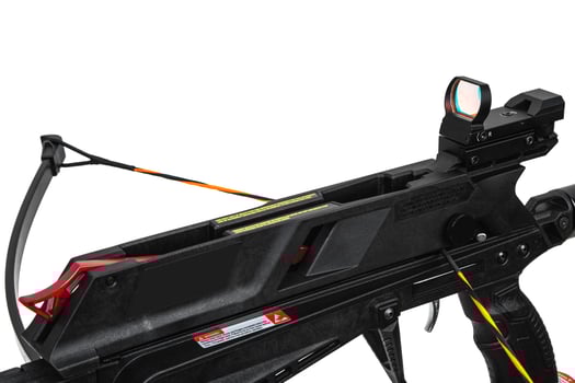 Close up of a modern crossbow isolate on a white back. Quiet weapon for hunting and sports. photo