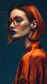 Captivating Redhead in Striking Orange Attire with Sophisticated Eyewear photo