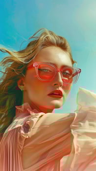 Captivating Portrait of a Stylish Woman in Pink with Windblown Hair and Sunglasses photo