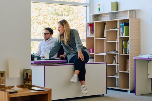 Director and Assistant Reviewing Upcoming Business Projects at a Computer in Modern Office photo